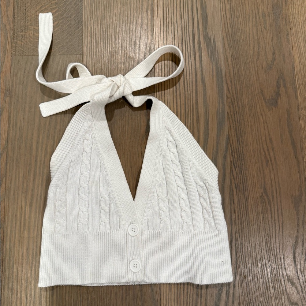 STAUD Cream Ribbed Knit Top